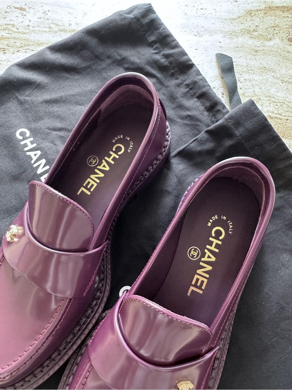 NEW CHANEL Patent Leather Loafers with Gold CC Accent - Picture 2 of 7